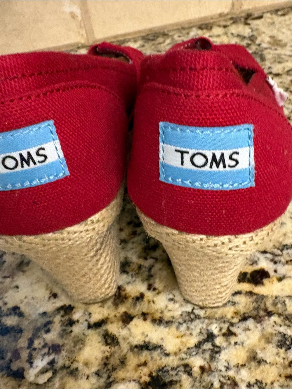 Toms Women's Red Canvas Peep-Toe Mules - Picture 5 of 6